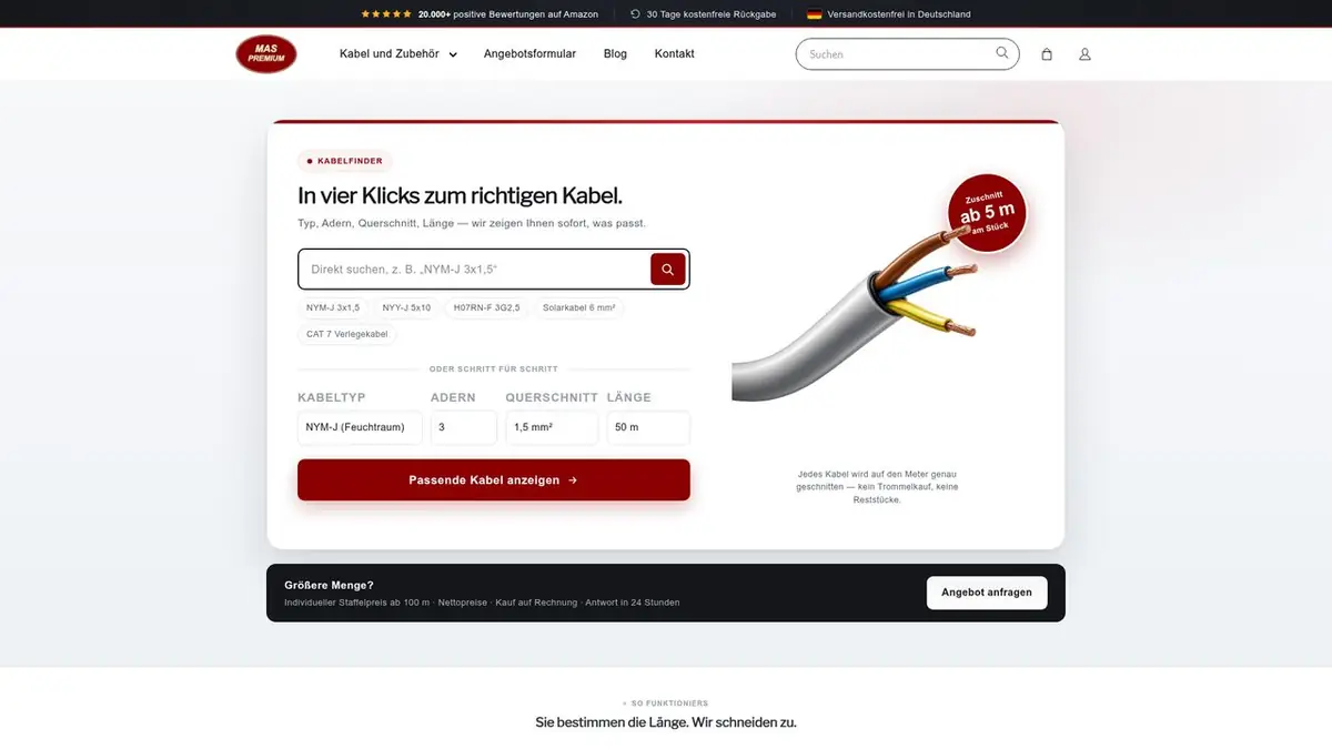 Startseite des Shops maskabel.com mit Kabelfinder